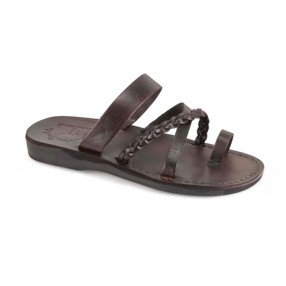 Sophia brown, handmade leather sandals with toe loop and cross straps - Front View