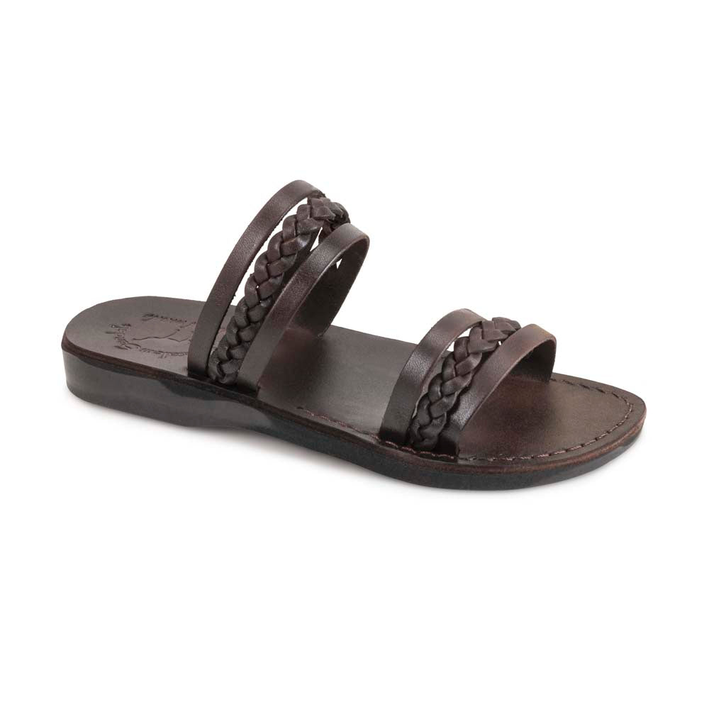 Hazel brown, handmade leather slide sandals - Front View