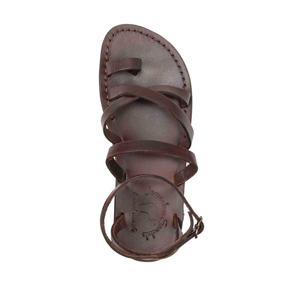 Jade brown, handmade leather sandals with back strap and toe loop - up View