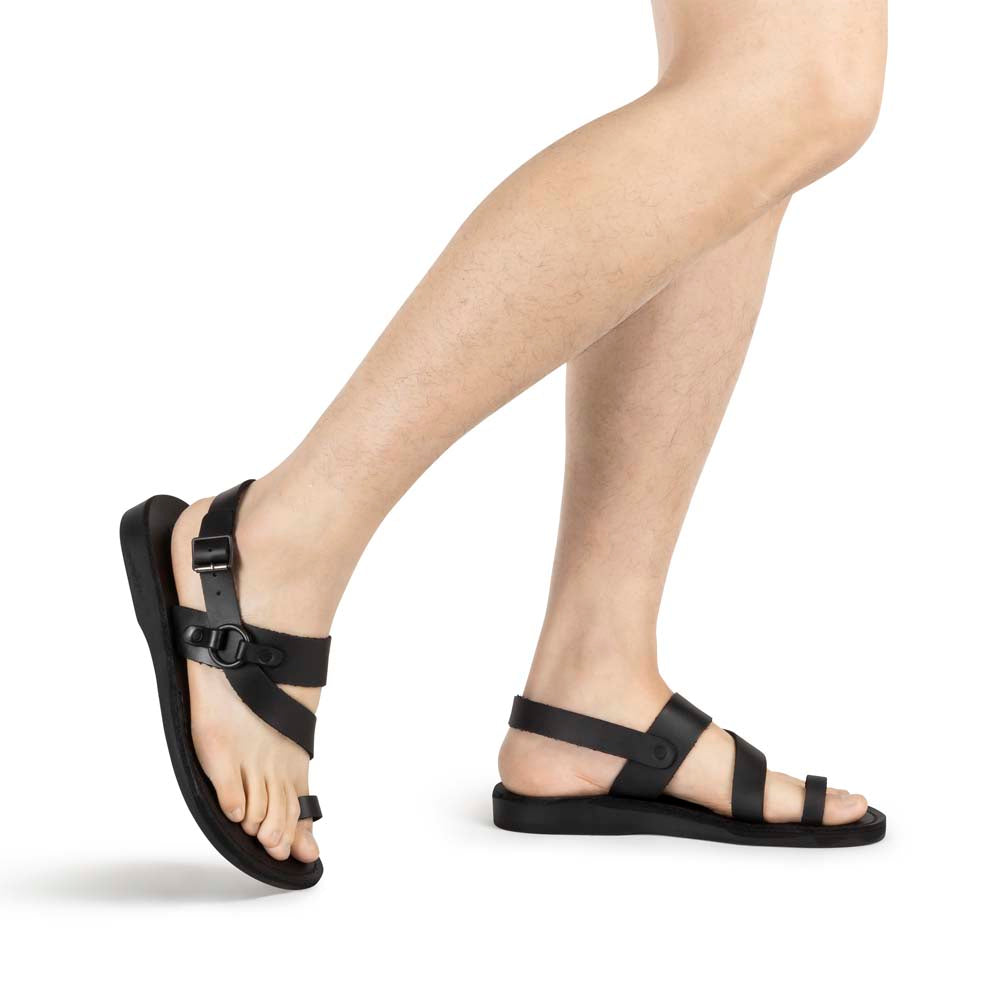 Gabriel Black, handmade leather sandals with back strap and toe loop - model View