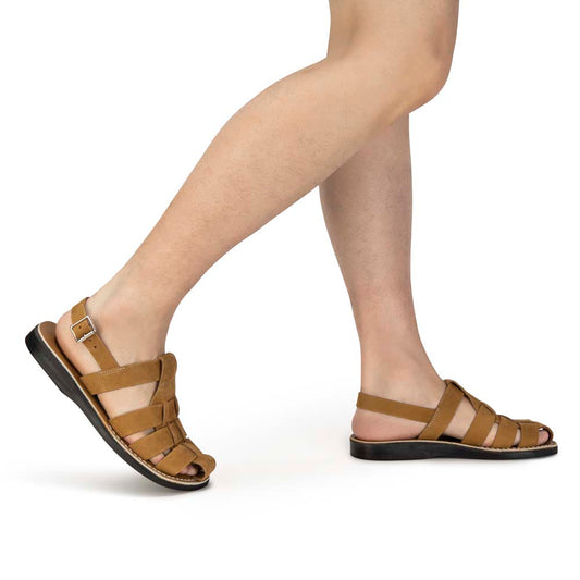 Model wearing Michael Tan Nubuck closed toe leather sandal - side view