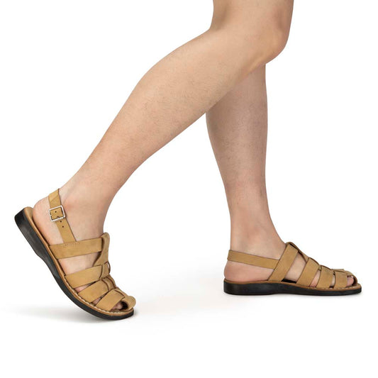 Model wearing Michael Yellow Nubuck closed toe leather sandal - side view
