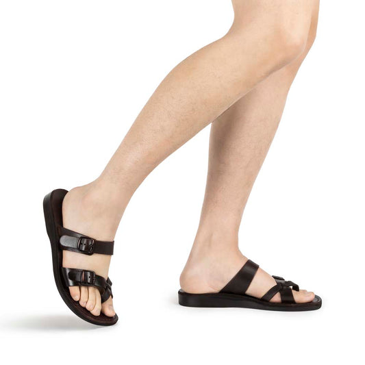 Eran Brown, handmade leather slide sandals with toe loop - Model View
