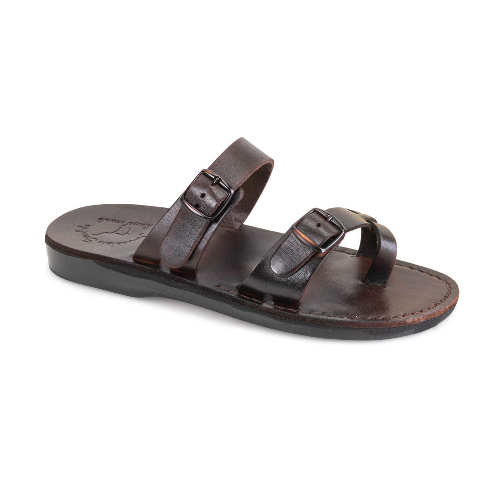 Eran Brown, handmade leather slide sandals with toe loop - Front View