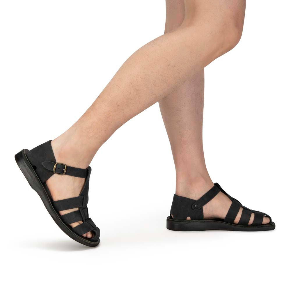 Model wearing Daniel Black Nubuck closed toe leather sandal - top View