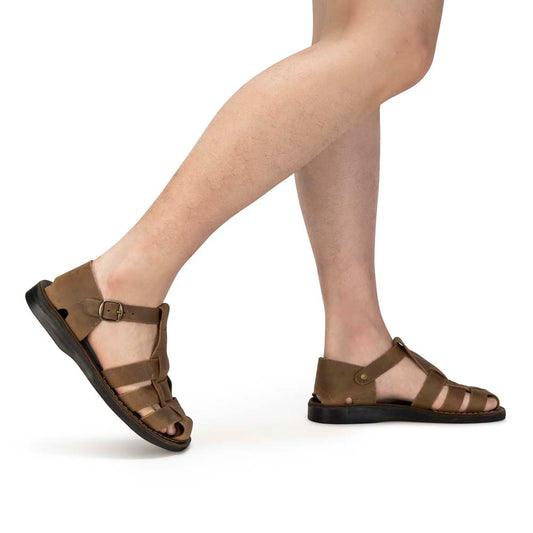 Model wearing Daniel Oiled Brown Closed Toe Leather Sandal - Side View