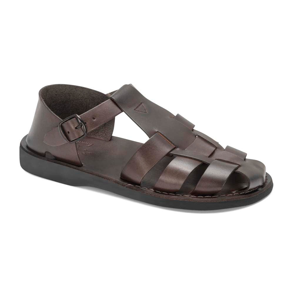 Barak Brown, handmade leather sandals closed toes sandal silhouette. Front View