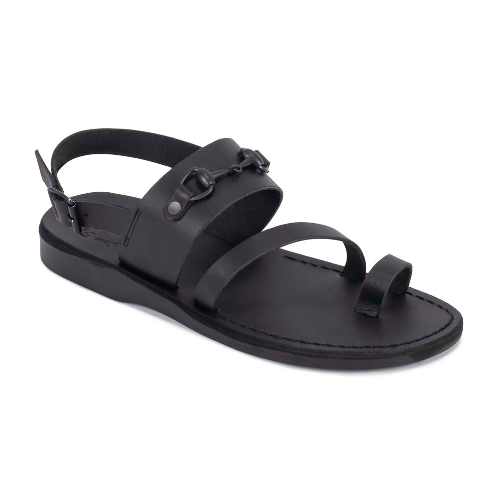 Eliphaz black, handmade leather sandals with back strap and toe loop - front view