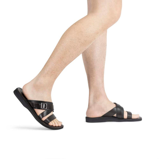 Jason brown, handmade leather slide sandals - Model View