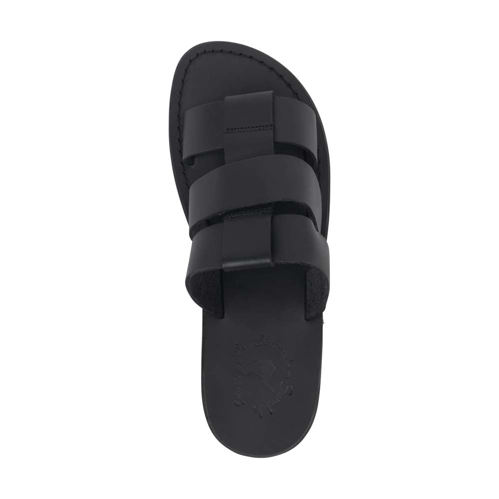 Micah Black, handmade leather slide sandals - Side View