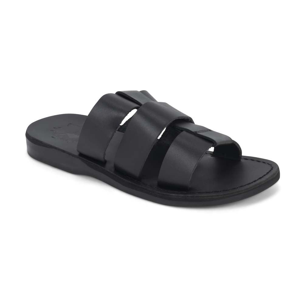 Micah black, handmade leather slide sandals - Front View