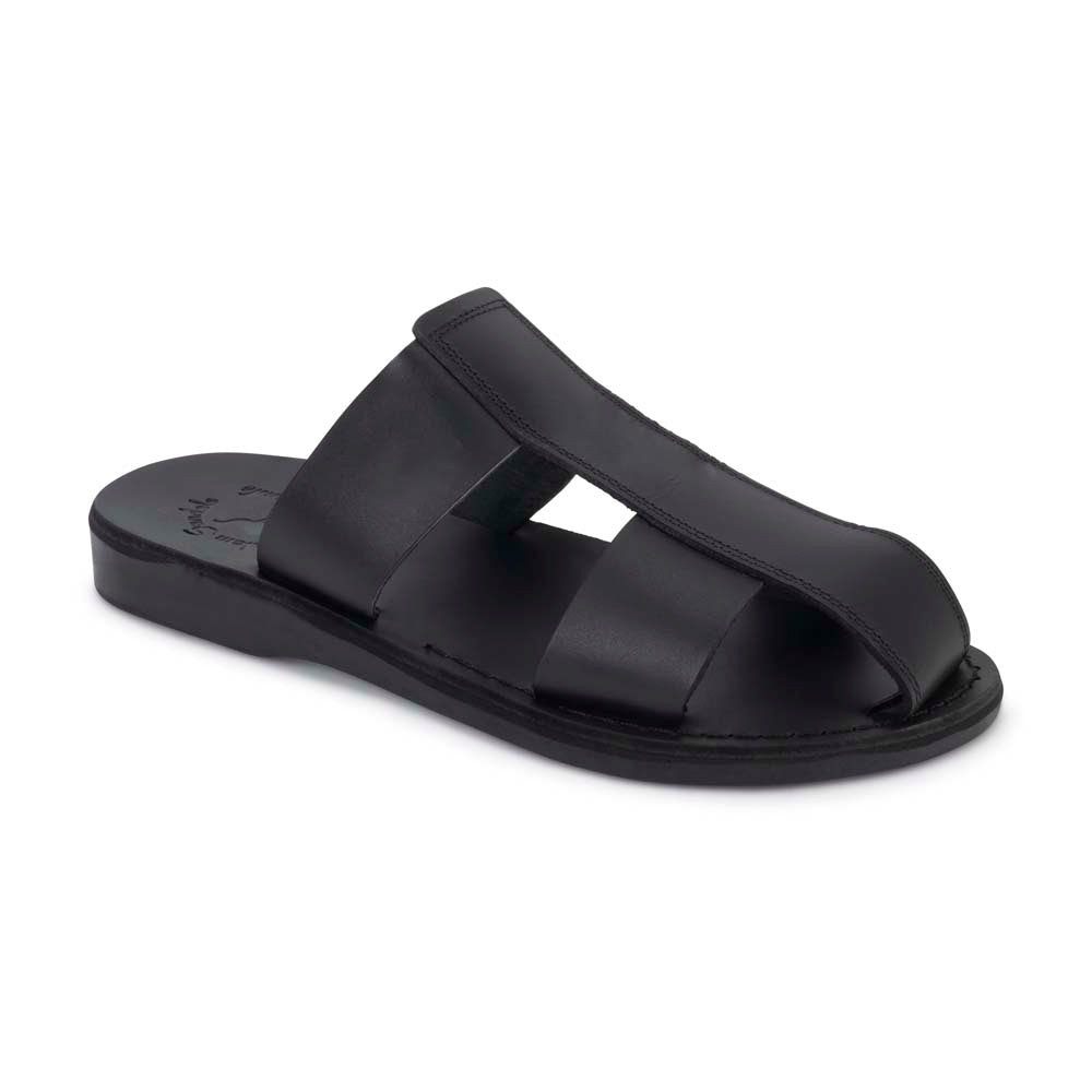 Genesis black, handmade leather sandal slide with enclosed toes - front side view