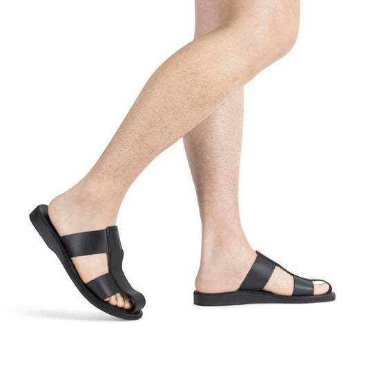Genesis black, handmade leather sandal slide with enclosed toes - Model view
