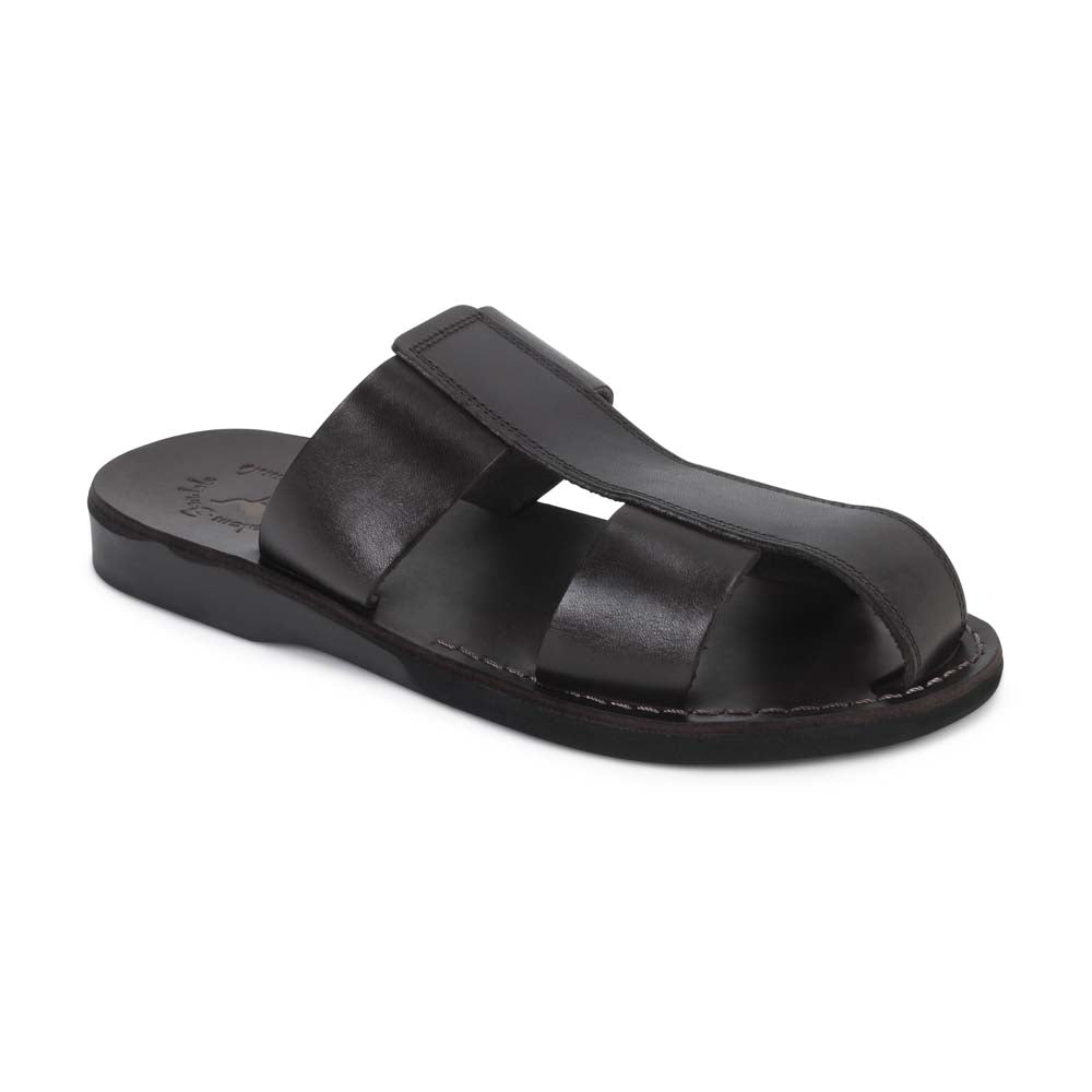 Genesis brown, handmade leather sandals slide on with enclosed toes - front side view