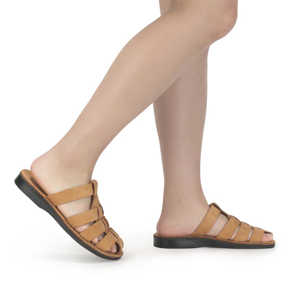 Model wearing Michael Slide Camel Brown Nubuck - Leather Pacific Slide Sandal - side view