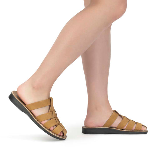 Model wearing Michael Slide Tan Nubuck - leather pacific slide sandal - top view