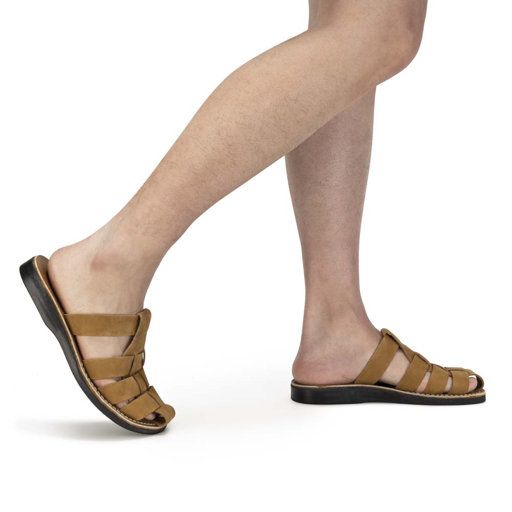 Model wearing Michael Slide Tan Nubuck closed toe leather sandal - Side View