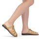 Model wearing Michael Slide yellow nubuck leather pacific slide sandal - side view