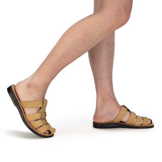Model wearing Michael Slide Yellow Nubuck closed toe leather sandal - Side View