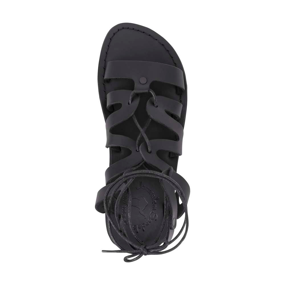 Emma black, handmade leather sandals with back strap and toe loop- Top View