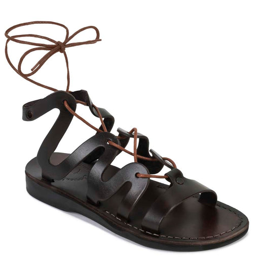 Emma brown, handmade leather sandals with back strap and toe loop - Front View