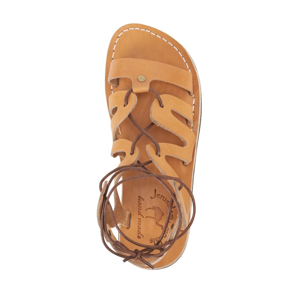 Emma tan, handmade leather sandals with back strap and toe loop- Top View