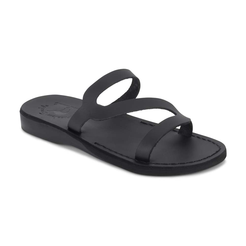 Natalie black, handmade leather slide sandals with open - Front View