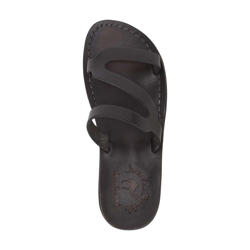 Natalie brown, handmade leather slide sandals with open toe - Top View