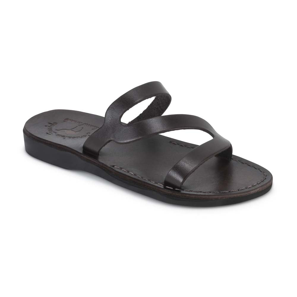 Natalie brown, handmade leather slide sandals with open - Front View