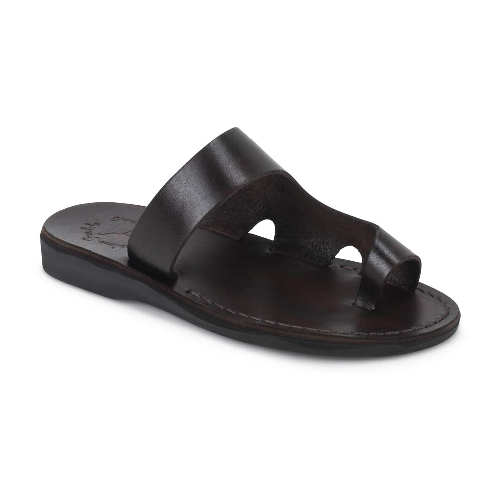 Harper brown, handmade leather slide sandals with toe loop - Front View