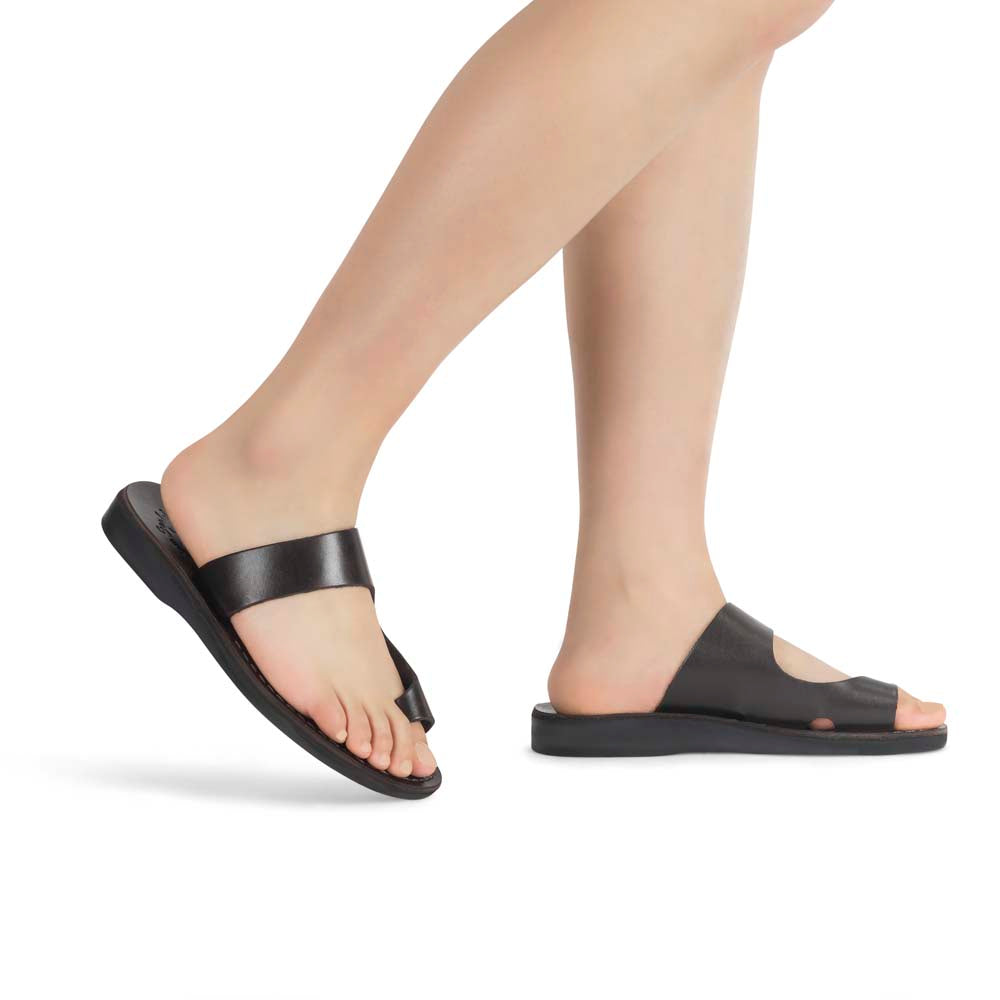 Harper brown, handmade leather slide sandals with toe loop - Model View