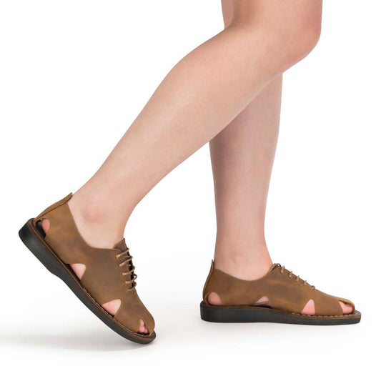 Products River - Leather Lace-Up Sandal | Oiled Brown - on feet  view