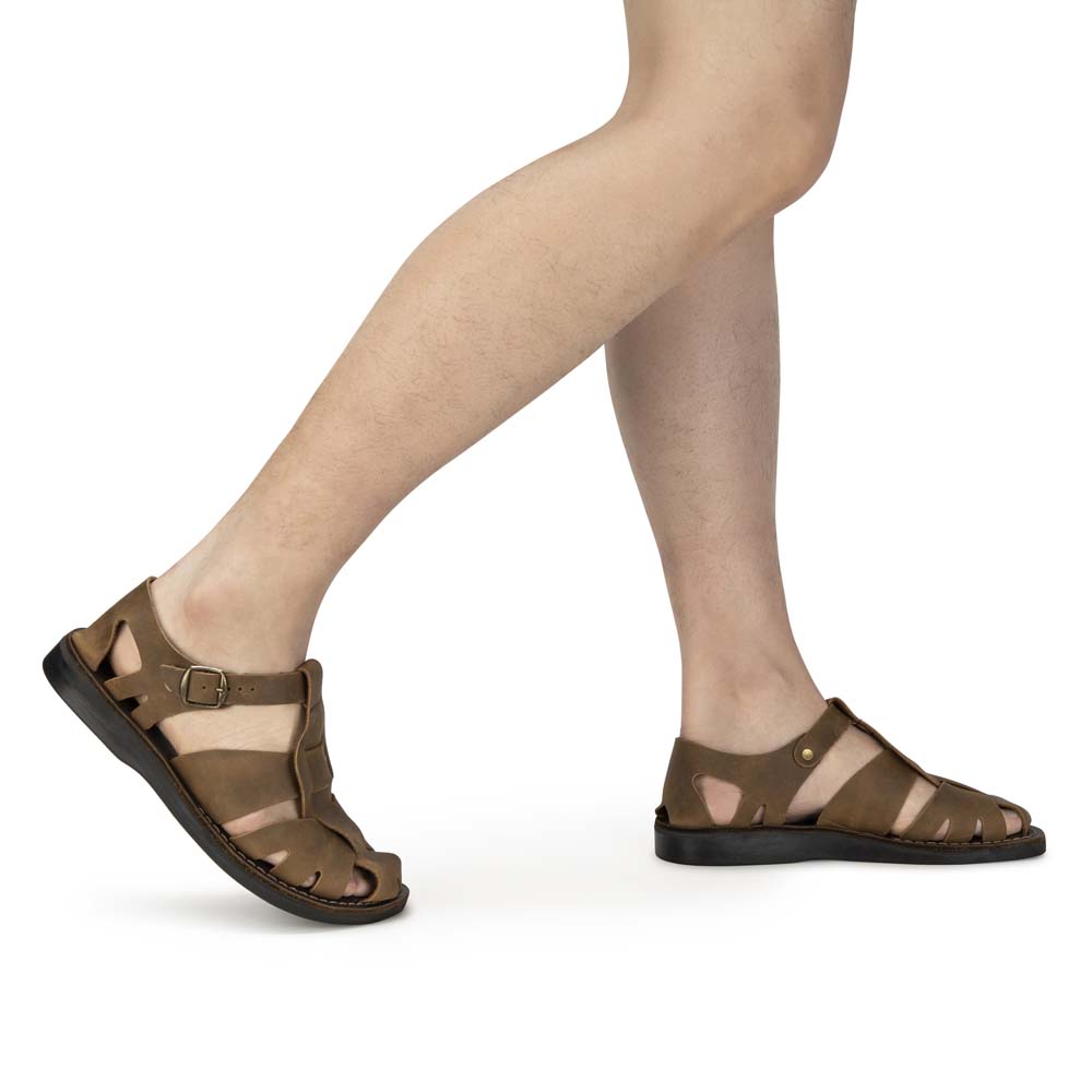 FinnModel wearing Oiled Brown Leather Sandals - Side View