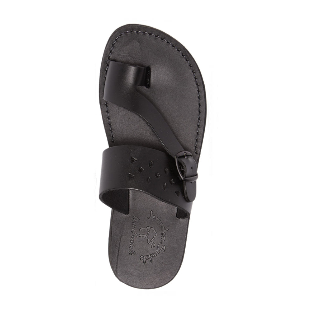 Ezra Black, handmade leather slide sandals with toe loop - Top View