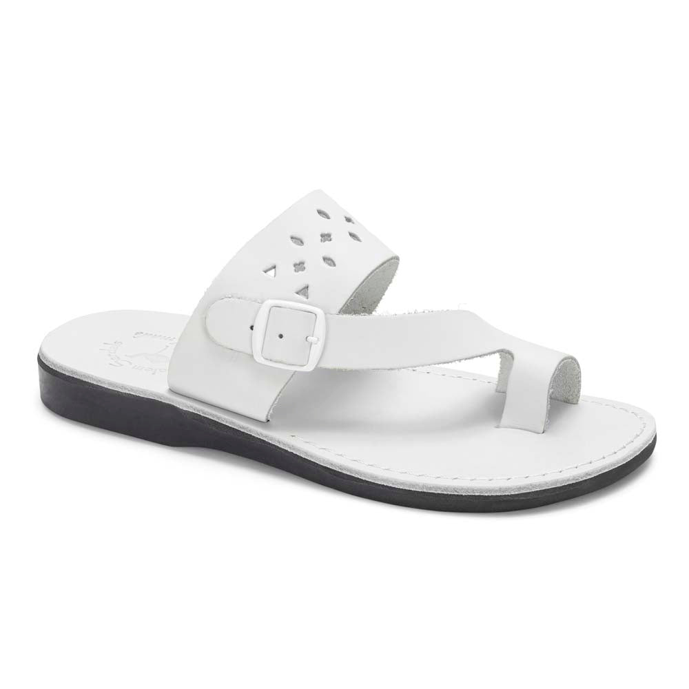 Ezra white, handmade leather slide sandals with toe loop - Front View