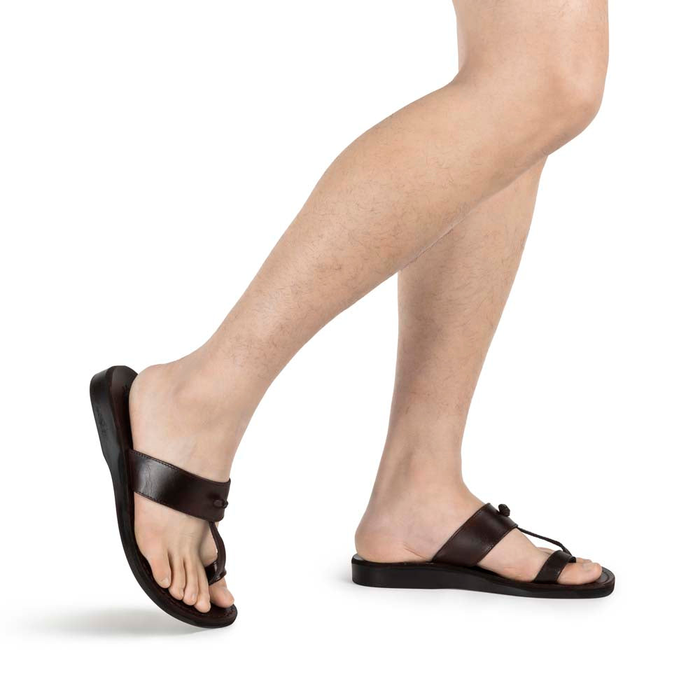 Nathan brown, handmade leather slide sandals with toe loop - Model View