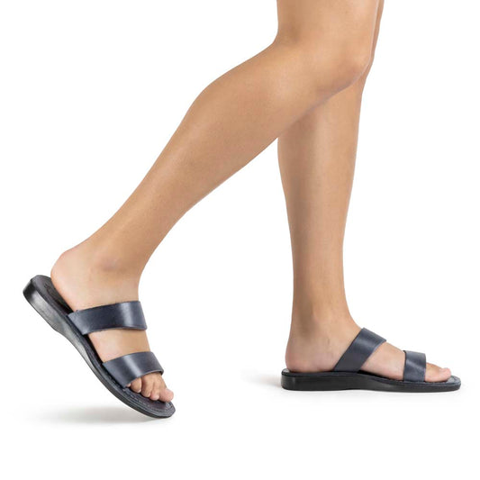 Aviv gray, handmade leather slide sandals - model View