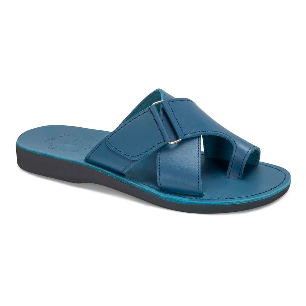 Asher Blue, handmade leather slide sandals with toe loop - Front View