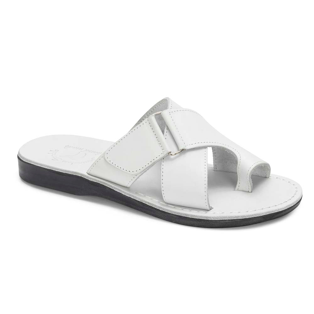 Asher White, handmade leather slide sandals with toe loop - Front View