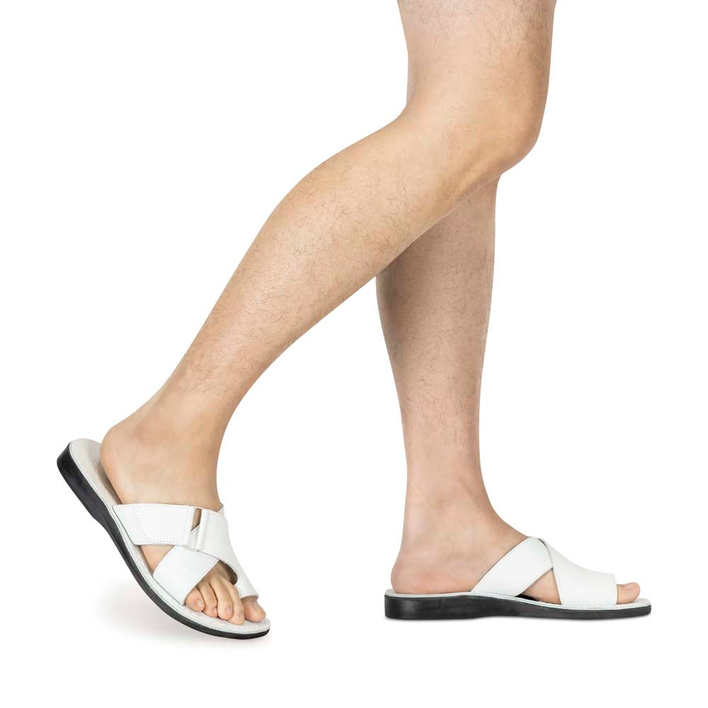 Asher white, handmade leather slide sandals with toe loop - model View