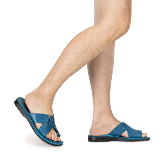 Asher blue, handmade leather slide sandals with toe loop - model View