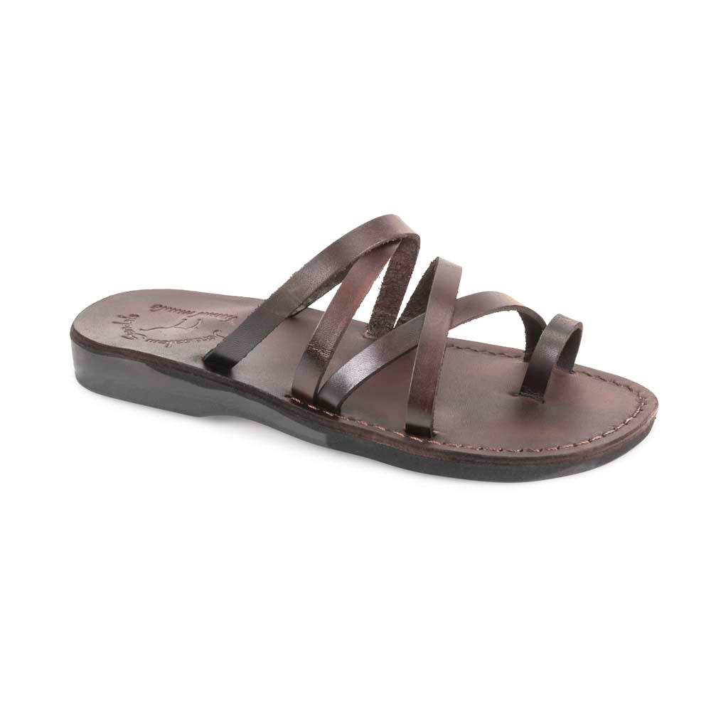 Ariel brown, handmade leather slide sandals with toe loop - Front View