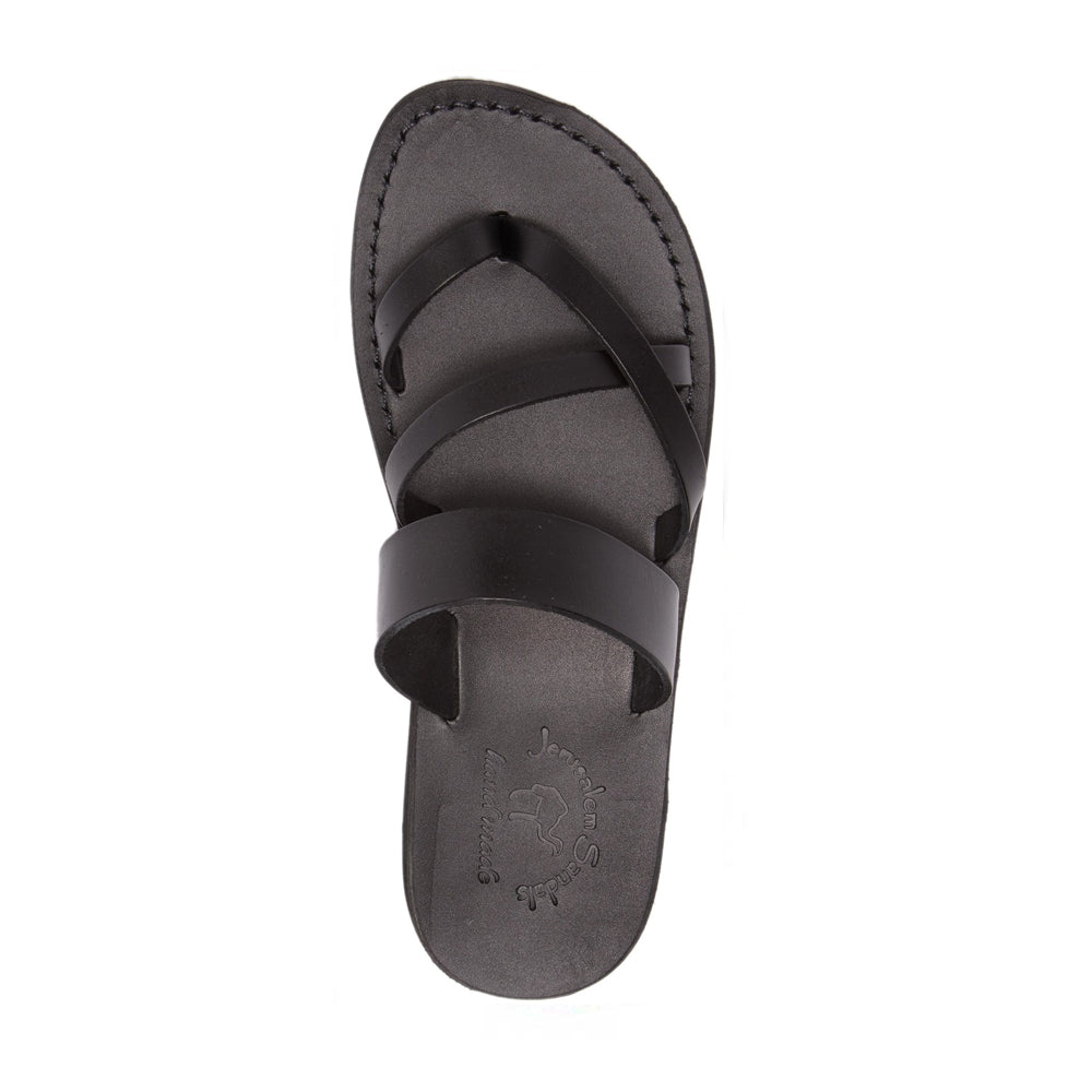 Exodus Black, handmade leather slide sandals with toe loop - Top View