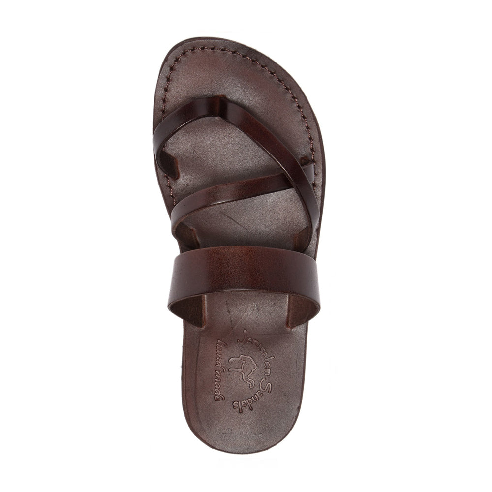 Exodus Brown, handmade leather slide sandals with toe loop - Top View