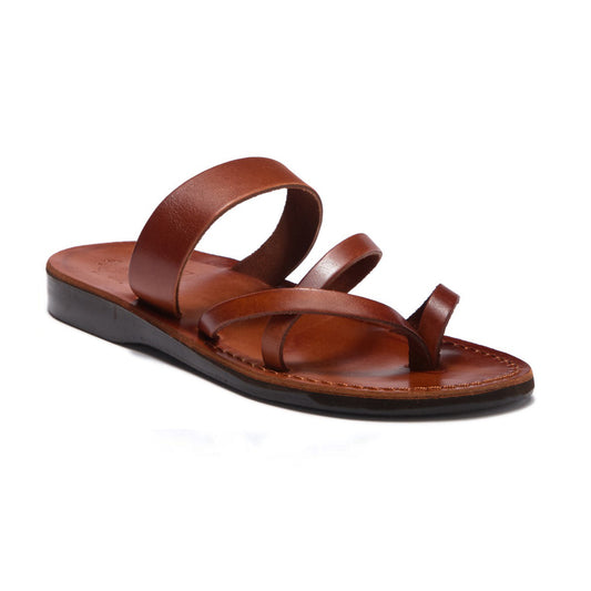 Exodus Honey, handmade leather slide sandals with toe loop - Front View