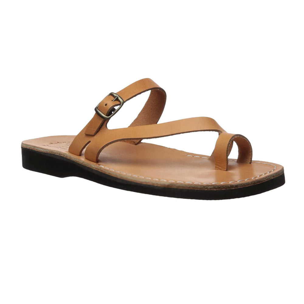 Nuri Tan, handmade leather slide sandals with toe loop - Front View