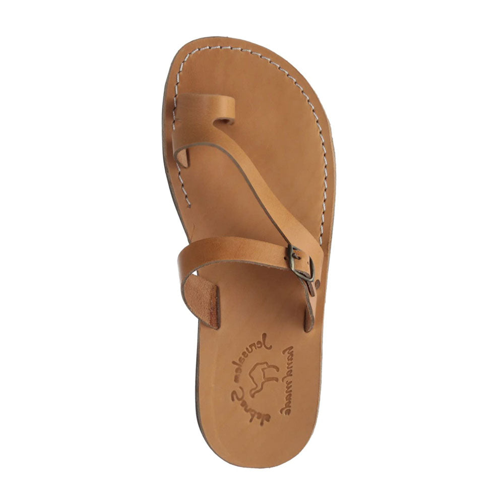 Nuri tan, handmade leather slide sandals with toe loop - up View
