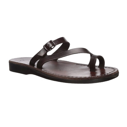 Nuri Brown, handmade leather slide sandals with toe loop - Front View