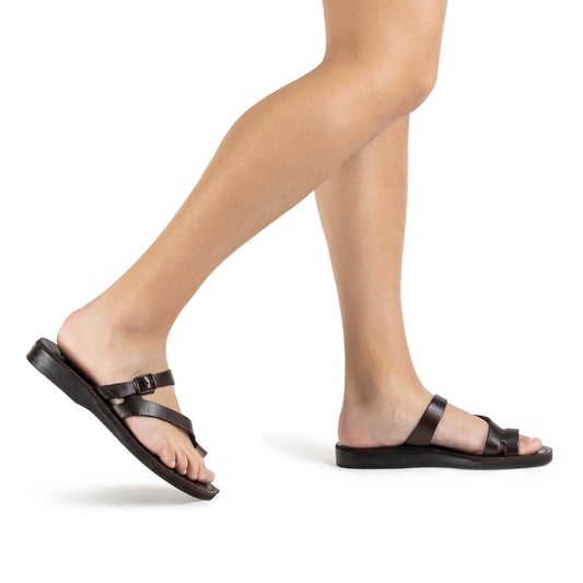 Nuri Brown, handmade leather slide sandals with toe loop - Model View