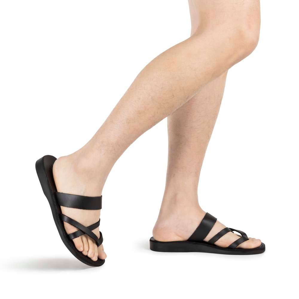 Exodus Black, handmade leather slide sandals with toe loop - Model View